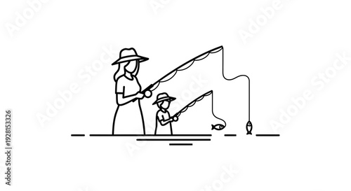 Mother and Child Fishing Together in Simple Line Art.