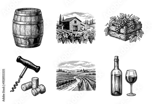 Vintage hand drawn engraving style wine making collection featuring vineyard landscapes grapes wooden barrel corkscrew and wine bottle with glass