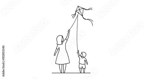 Simple line drawing of a mother and child flying a kite together outdoors.
