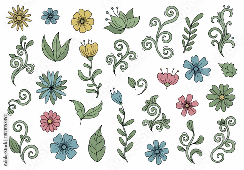 Beautiful Collection of Hand-Drawn Floral Elements and Swirls for Decorative and Artistic Purposes