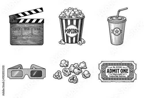 A collection of vintage style cinema and movie theater icons featuring an engraved woodcut aesthetic including popcorn, clapperboard, and tickets.