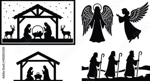 Christmas nativity silhouette set with holy family manger scene, angels and three wise men, religious black vector illustration
