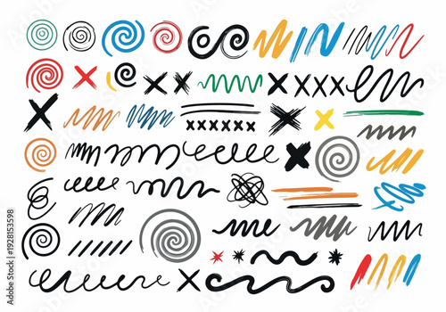 Collection of Hand-Drawn Swirls, Scribbles, Crosses, and Starbursts in Various Colors for Creative Projects and Design Elements