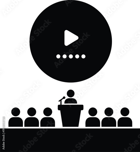 Public speaker icon giving presentation to audience with video screen backdrop in flat style