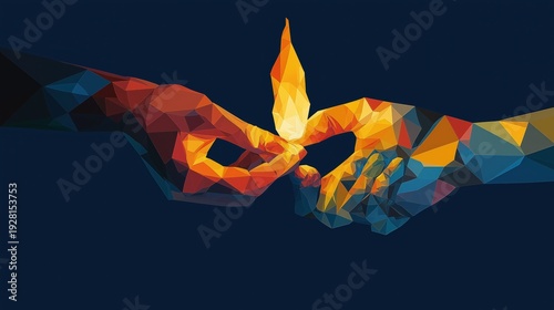 Two polygonal hands pass a lit matchstick in a dark setting, symbolizing connection, collaboration, and the ignition of ideas or energy.