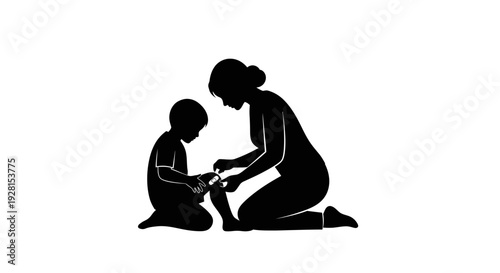 Mother helping child with shoe, silhouette illustration, simple design.