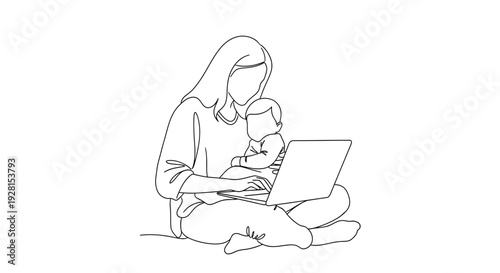 Mother working on laptop while holding baby in her lap.