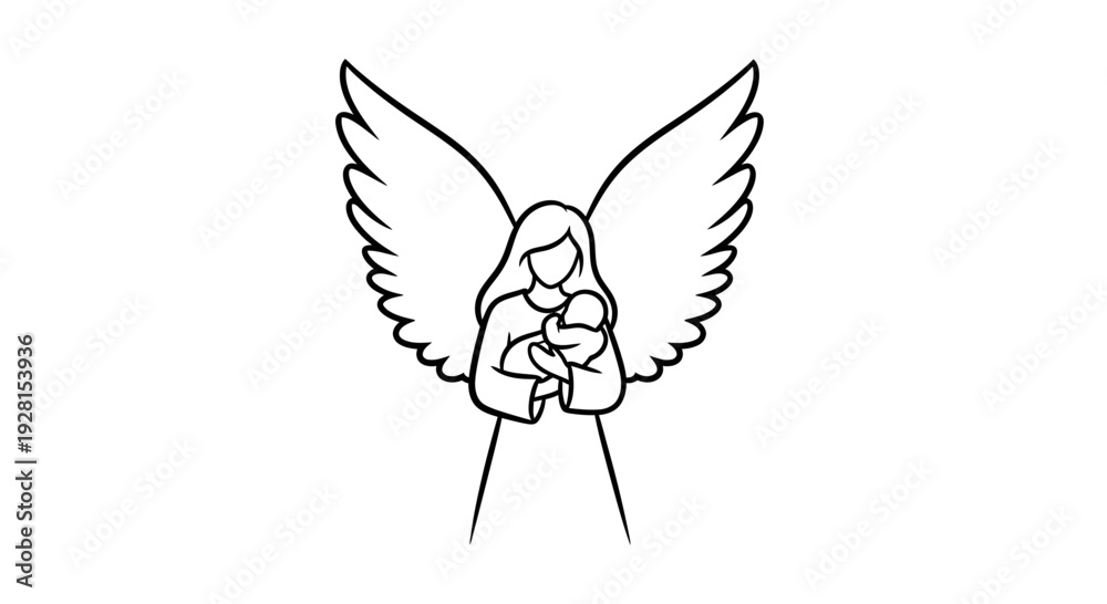 Fototapeta premium Simple Line Drawing of Mother Holding Baby with Angelic Wings.