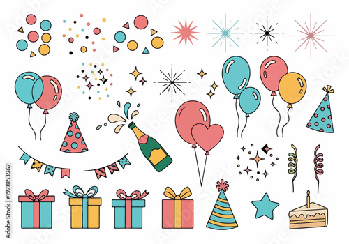 Celebration graphics featuring balloons, confetti, party hats, gifts, and champagne for festive occasions