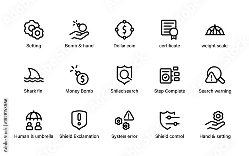 Security Risk Management Alert Icons. Enterprise safety signals, compliance warnings, system errors and financial risk indicators