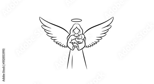 Simple black line drawing of an angel holding a heart with halo and wings.