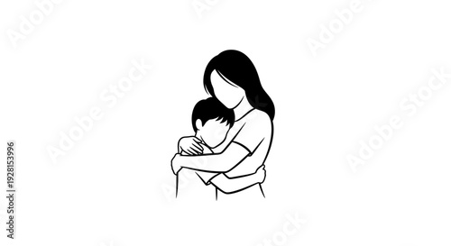 Simple line drawing of a mother holding her baby close to her chest.