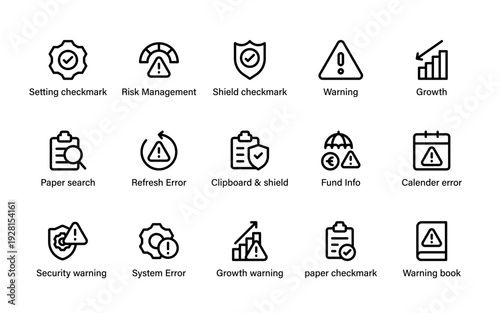 Business Warning And Error Icons. Corporate risk alerts, system failures, compliance monitoring and financial safety symbols