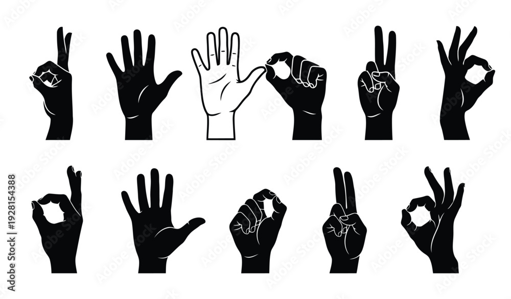 Obraz premium Various hand gestures and signs illustrated in black and white, showcasing different hand positions and configurations