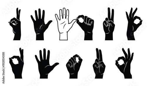 Various hand gestures and signs illustrated in black and white, showcasing different hand positions and configurations