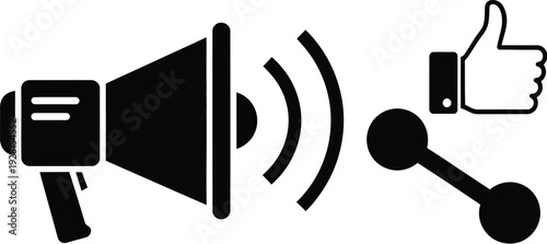 Digital marketing and communication icons set with megaphone share and thumbs up symbols