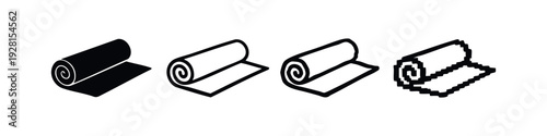 Set of Rolled Item Icons: Carpet, Yoga Mat, Fabric Roll