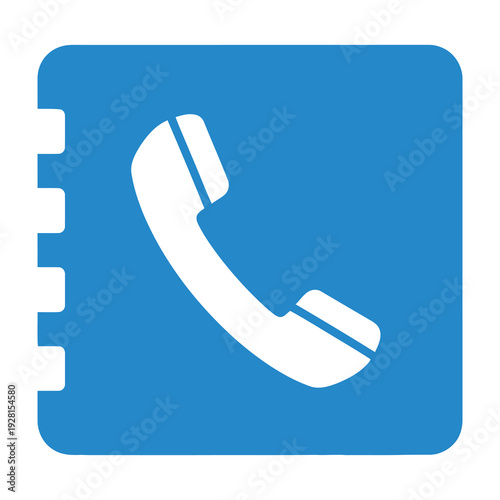 White telephone handset icon centered on a bright blue square background with spiral binding on the left side