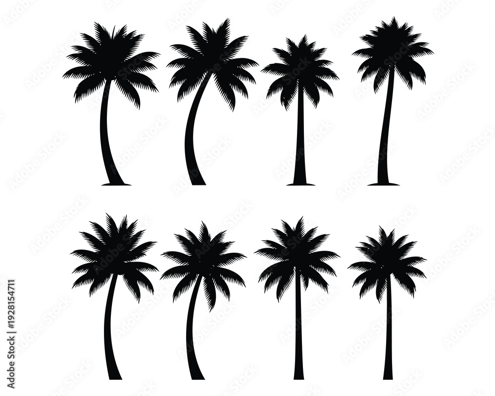 Naklejka premium Eight black palm trees silhouetted against a white background, depicted from a straight-on viewpoint.