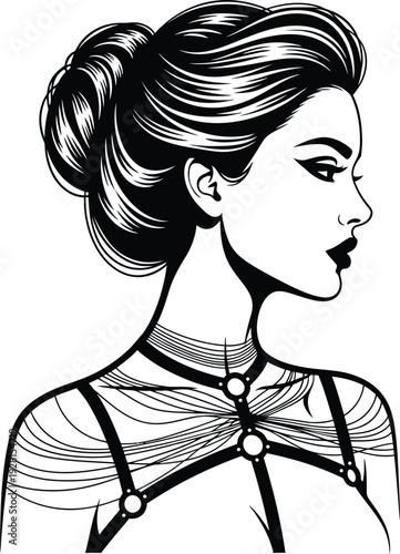 Portrait of woman in harness accessory vector illustration showing profile of elegant female with classic bun hairstyle and stylish bondage wear.
