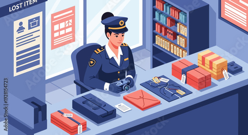 Postal Worker Processing Packages at Counter.