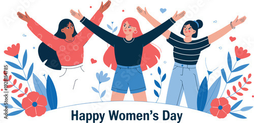 A flat, 2D illustration of three women of different ethnicities standing in a celebratory pose against a white background, surrounded by decorative floral elements.