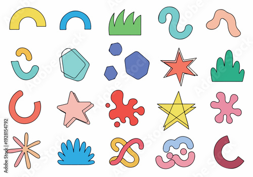Collection of abstract geometric shapes and playful organic forms in a vibrant and modern color palette