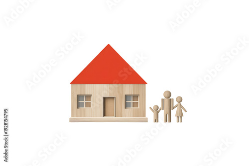 Happy family standing in front of their dream home with red roof isolated on transparent background