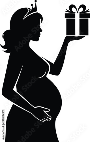Pregnant woman wearing crown holding gift box in silhouette profile