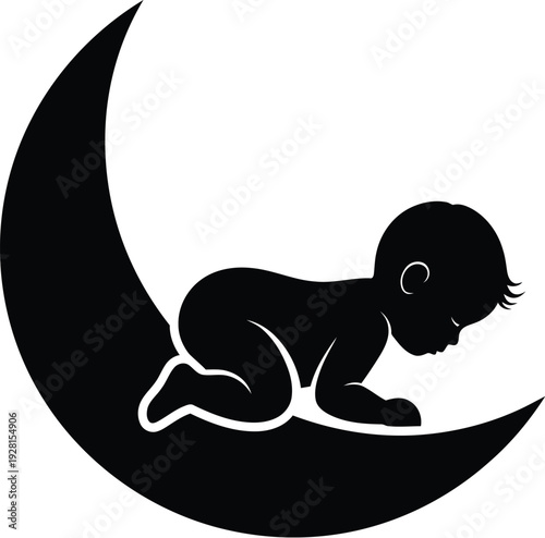 Baby sleeping on crescent moon, lullaby, dreams, bedtime, night, peace, celestial fantasy