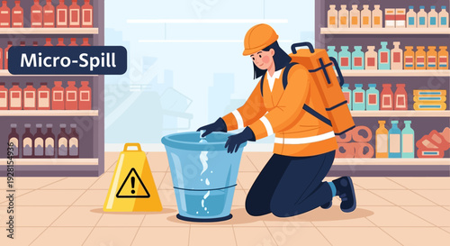 Worker Cleaning Chemical Spill Wearing Protective Gear.
