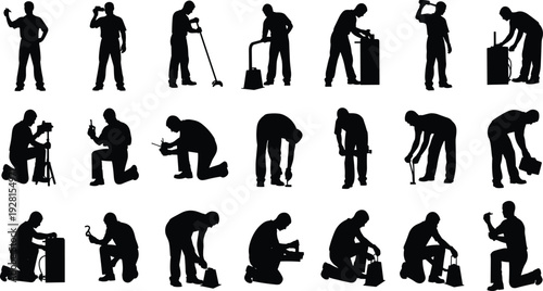 Collection of technician and worker silhouettes using tools, repairing equipment and performing maintenance tasks isolated on white background vector set