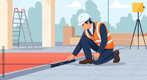 Construction Worker Measuring Floor with Laser.