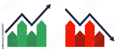 Conjunto de iconos de rendimiento creciente y decreciente. Indicadores de desempeño, análisis de estadísticas, tendencia positiva y negativa, métricas financieras. Ilustración vectorial lineal