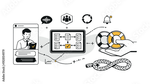 Collaborative Productivity Concept. Modern minimal flat vector conceptual collage, crisp hard edges, consistent THIN outline