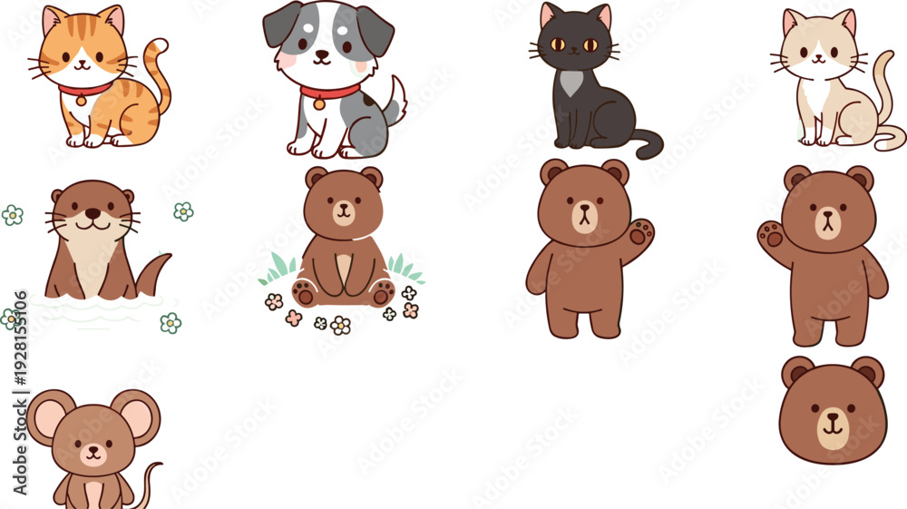 Fototapeta premium Cute Cartoon Pet and Forest Animals Collection with Cat, Dog, Bear, Otter and Mouse Vector Illustration Set