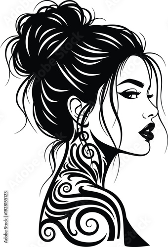 Woman silhouette with messy bun and elaborate tribal tattoo on back and neck expressive graphic illustration.
