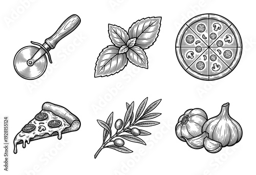 Vintage hand drawn pizza illustration set featuring whole pizza, slice, cutter, and fresh ingredients like basil, garlic, and olives in a classic engraving style.