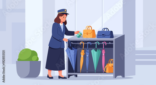 Flight Attendant Organizing Handbags on Cart.