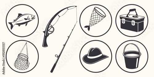 A collection of fishing and camping icons illustrating various outdoor activities. Vector