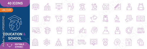 Education & School icons set. Contain icons related to Education, school subjects, supplies, science, online learning, and etc. Editable stroke. Vector illustration
