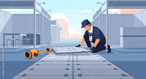 Man Inspecting Industrial Conveyor Belt System.