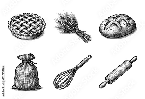 Vintage engraving style bakery and baking equipment collection featuring bread, pie, wheat, flour sack, whisk, and rolling pin.