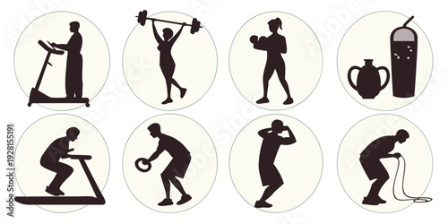 Illustrations of various exercises and their benefits for fitness and health Vector