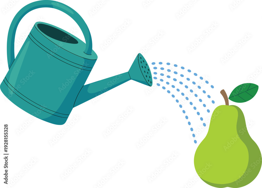 Obraz premium Minimalist watering can and pear vector icon teal can pouring water on green fruit flat design isolated on white