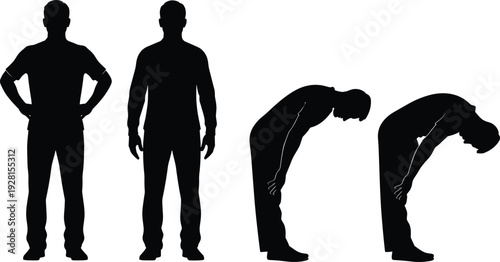 Human posture comparison silhouette showing standing and bending body positions isolated on white background for ergonomics, health and anatomy concept