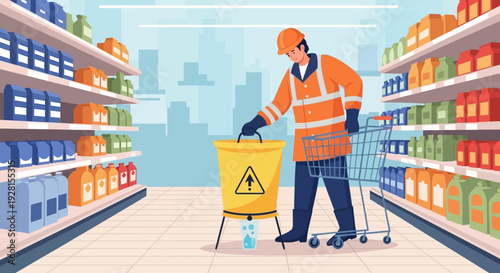 Janitor Cleaning Store Aisle with Caution Sign.