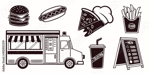 A collection of diverse food items and a food truck Vector