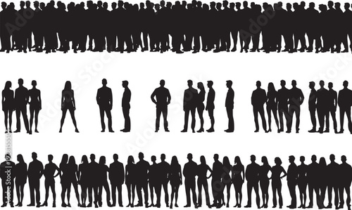 Black silhouette illustration of three rows of people in varying group sizes, representing crowd density, social gathering, community interaction, and stock imagery use.
