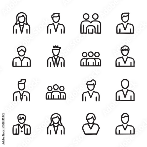 Collection of diverse line art icons depicting people and user profiles